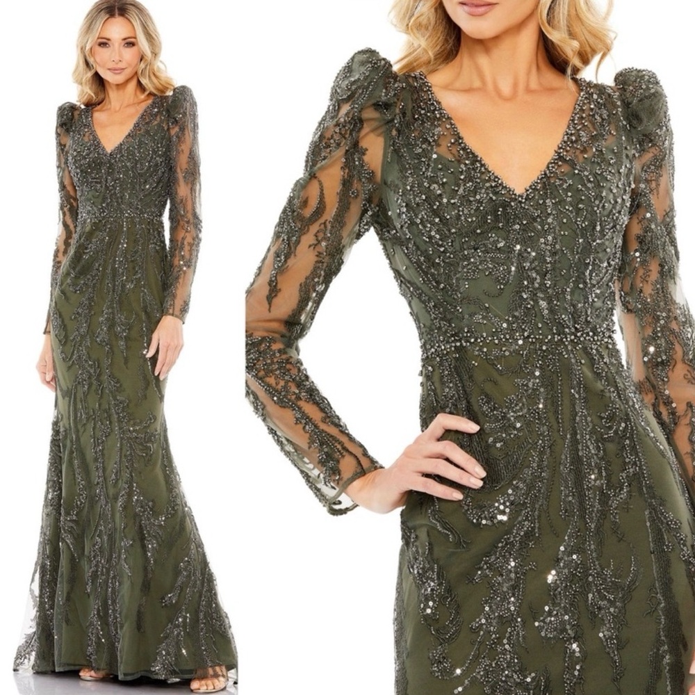 Mac Duggal 20349 Size 20 VNeck Long Sleeve Dress Olive Green Gown 100% Authentic